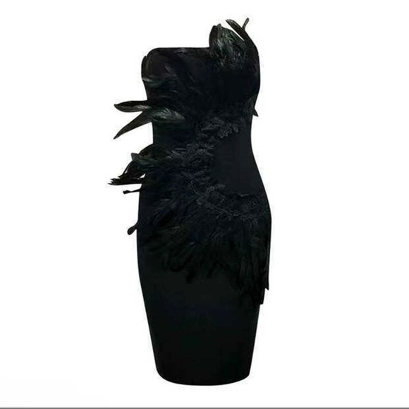 Boutique Black Feather Strapless Dress | Luxury Evening Cocktail Dress | M–L - Picture 4 of 11